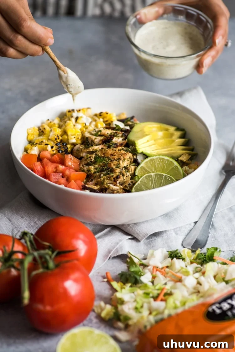 Another perspective of the fresh and colorful Mexican Chimichurri Chicken Salad.