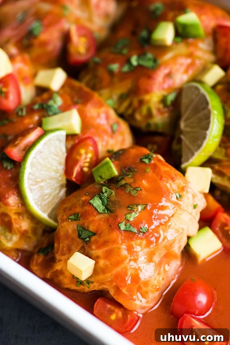 Keto Enchilada Cabbage Wraps 6 Close-up of baked Low Carb Enchilada Cabbage Rolls, garnished with fresh cilantro, tomatoes, and avocado, ready to be served as a healthy, flavorful dinner.