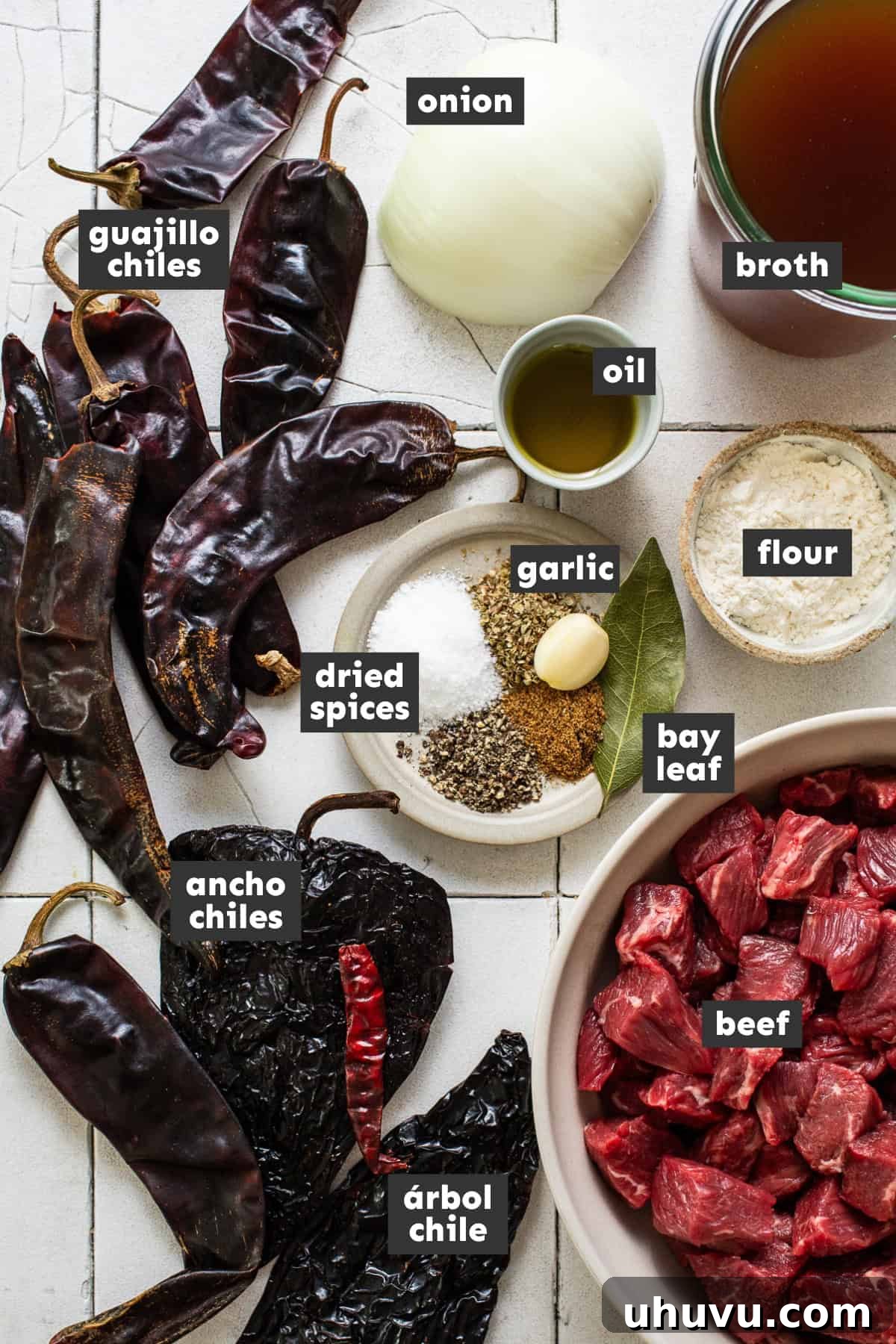 Ingredients for chile colorado on a table prepped and ready to cook with.