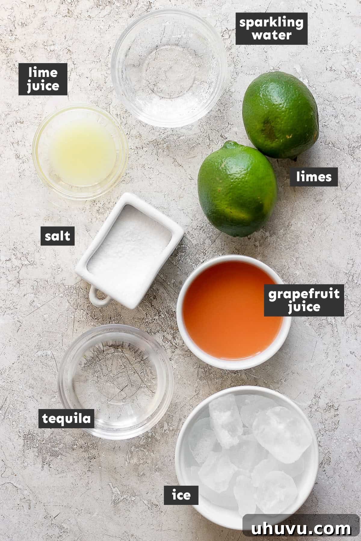 The Perfect Paloma 3 Paloma ingredients measured and separated into small bowls