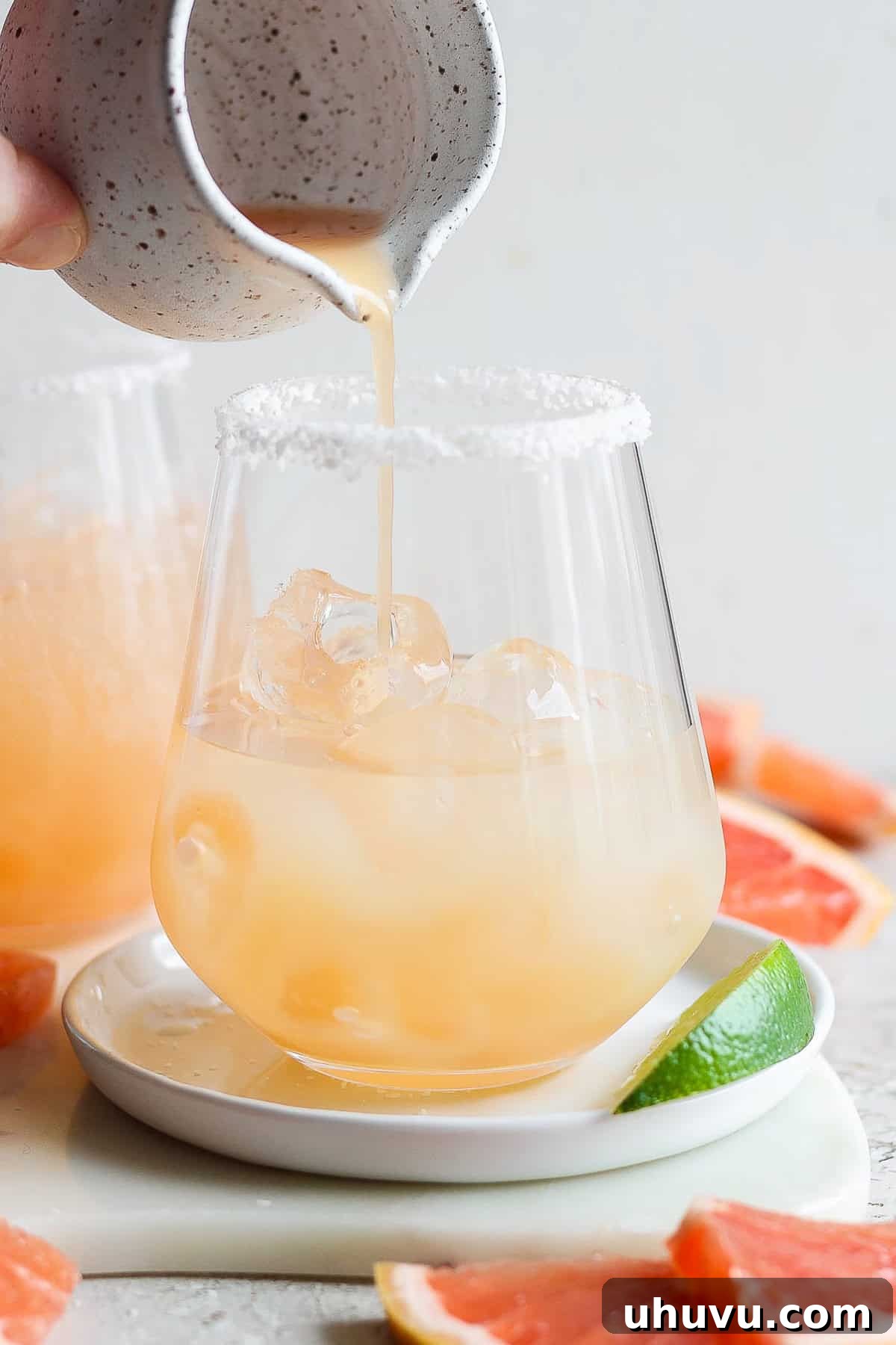 The Perfect Paloma 4 To a glass add tequila, grapefruit juice, and lime juice