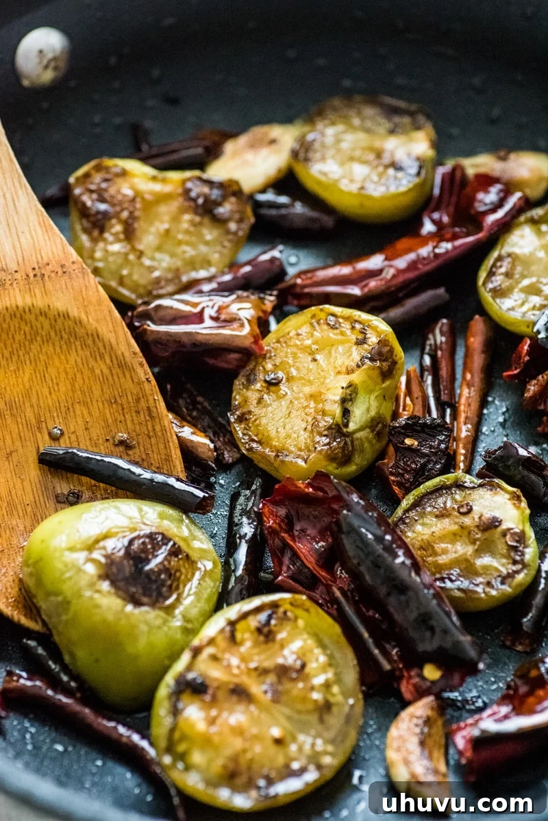 Fire-Roasted Red Chile Salsa 4 Ingredients for Toasted Red Chile Salsa including dried Arbol chiles, New Mexico chiles, tomatillos, and garlic.