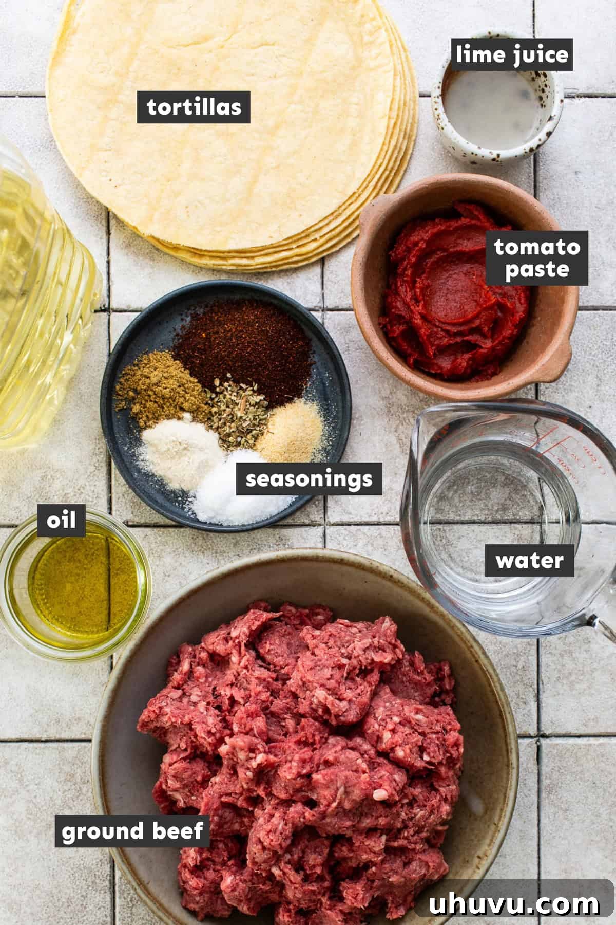 Ultimate Ground Beef Tacos 3 All ingredients laid out on a table for ground beef tacos.