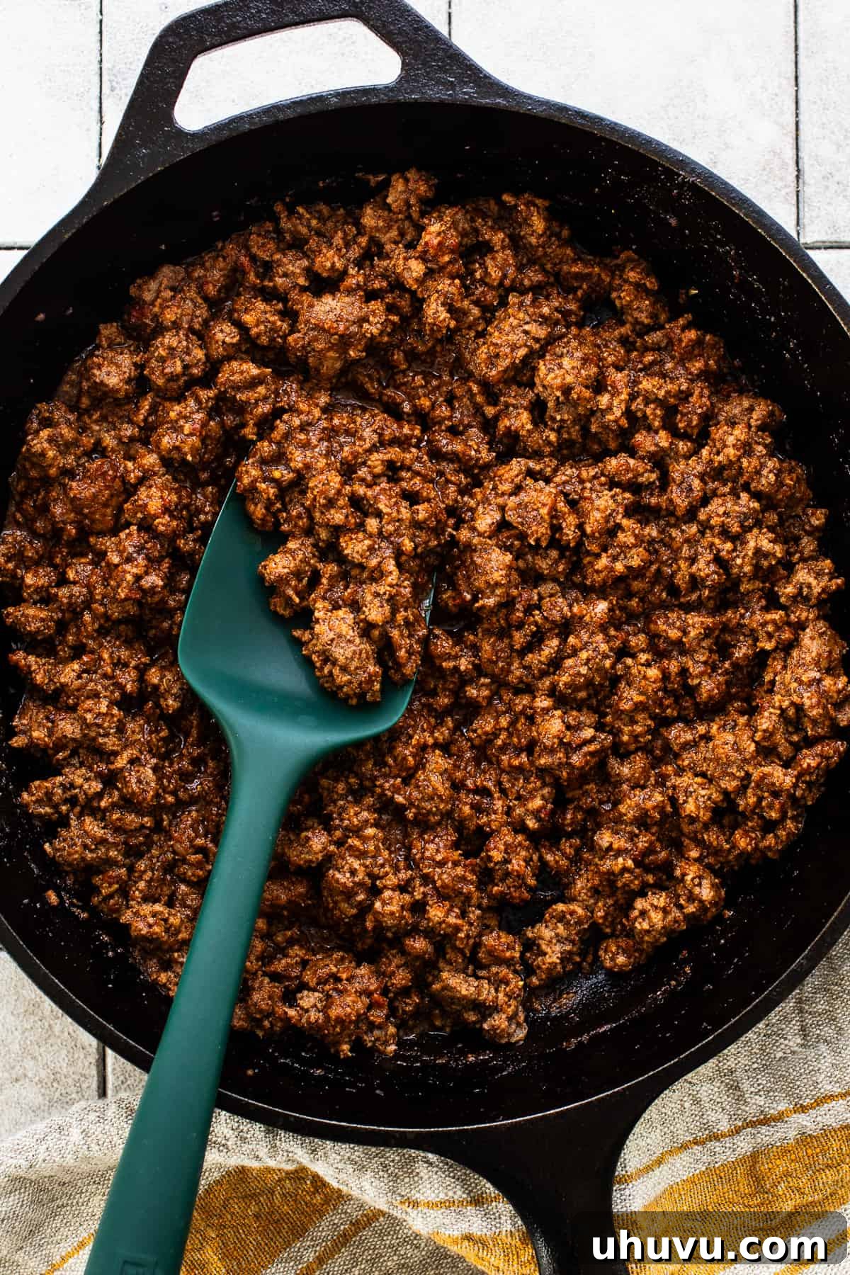 Ultimate Ground Beef Tacos 4 Cooked ground beef in a skillet.