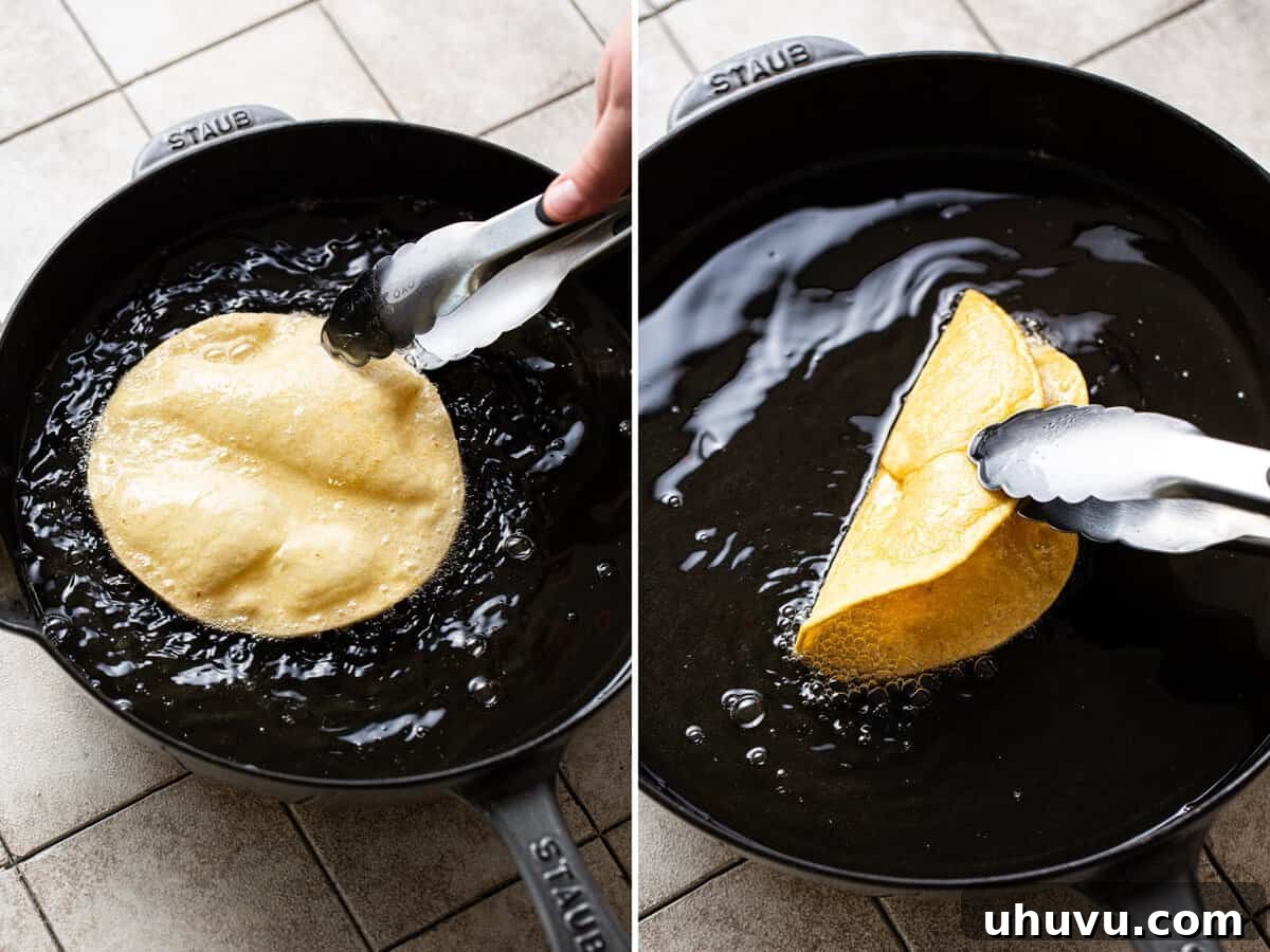 Ultimate Ground Beef Tacos 5 Make homemade crunchy taco shells by frying a corn tortilla in a pan of oil.