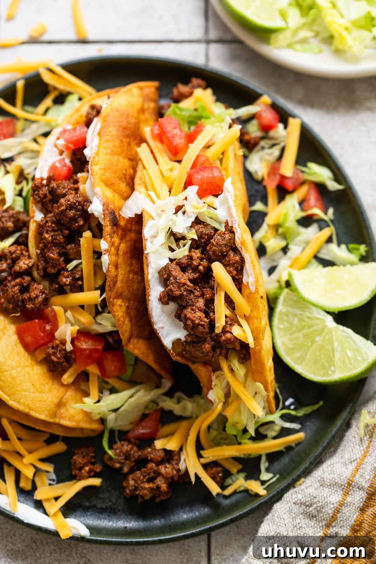 Ultimate Ground Beef Tacos 7 Homemade ground beef tacos served and ready to enjoy.