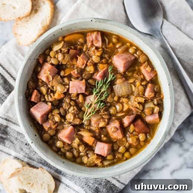 This Spicy Lentil Soup makes for a simple and hearty dinner. Full of healthy ingredients, it's an easy recipe that will keep you full and warm all season long (freezer friendly, gluten free) #mealprep #lentils #leftoverham #lentilsoup #spicysoup