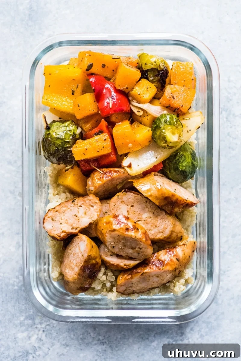 One-Pan Wholesome Sausage and Roasted Veggies 8 Roasted sausage and vegetables beautifully caramelized on a baking sheet, fresh from the oven.