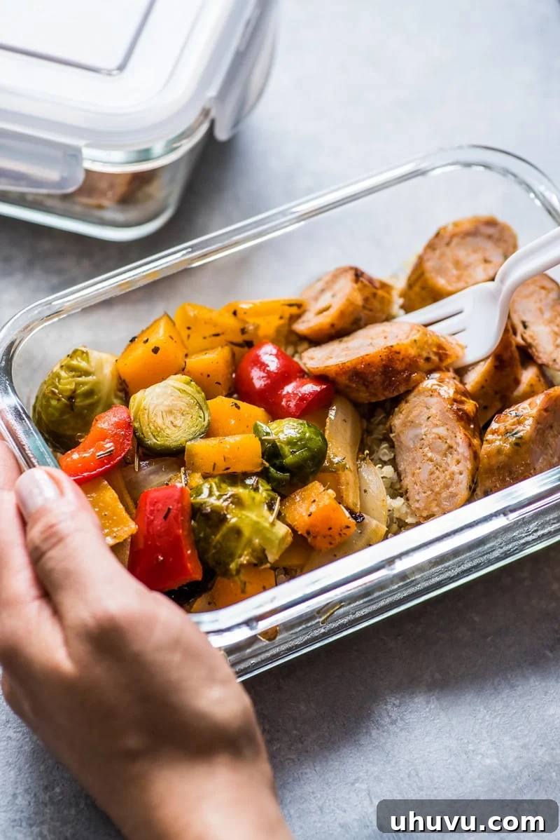 One-Pan Wholesome Sausage and Roasted Veggies 9 Close-up of golden brown sausages and perfectly caramelized veggies on the sheet pan.
