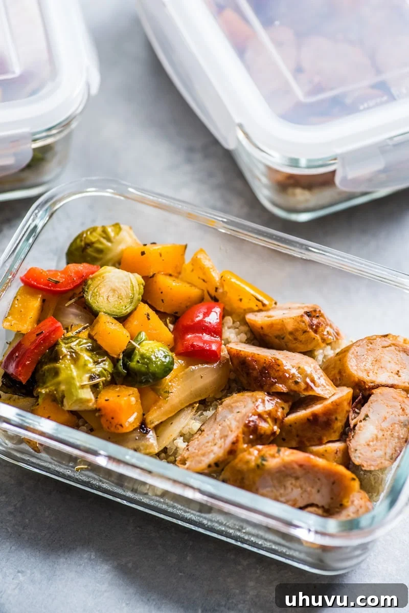 One-Pan Wholesome Sausage and Roasted Veggies 10 Final plated healthy sheet pan sausage and veggies, garnished and ready to eat.