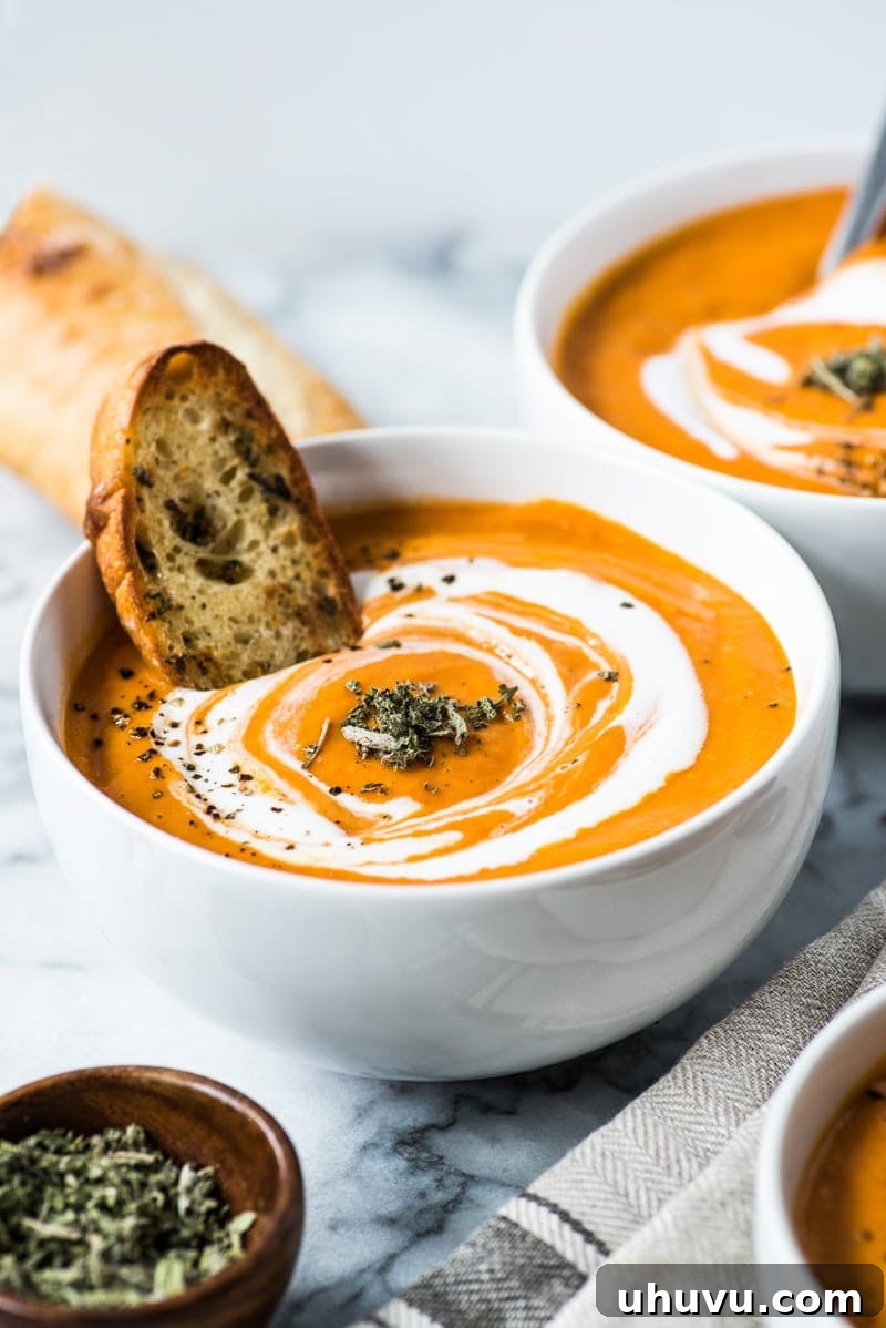 This Smoky Chipotle Tomato Bisque recipe is made with roasted butternut squash, corn and tomatoes for a healthy and comforting lunch and dinner. (gluten free, paleo, vegetarian, vegan)