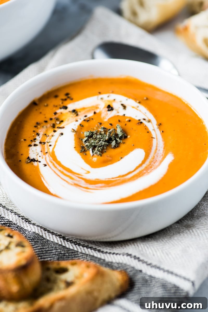 A rustic wooden spoon dipping into a bowl of creamy Smoky Chipotle Tomato Bisque, with a subtle garnish.
