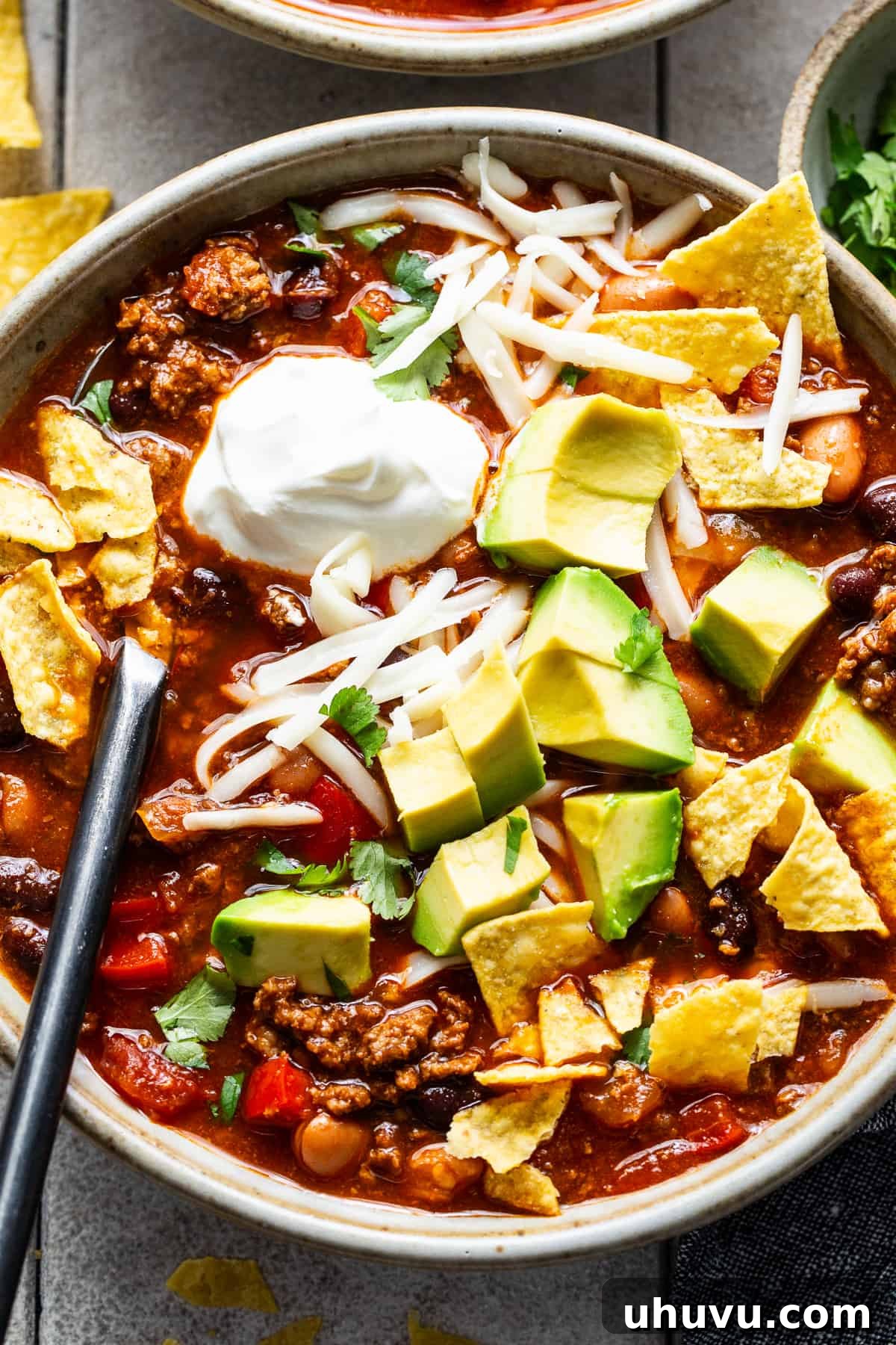 Chorizo Kick Chili 7 A beautifully presented bowl of Mexican Chorizo Chili, highlighting its rich color and hearty texture, promising a truly delicious and satisfying meal.