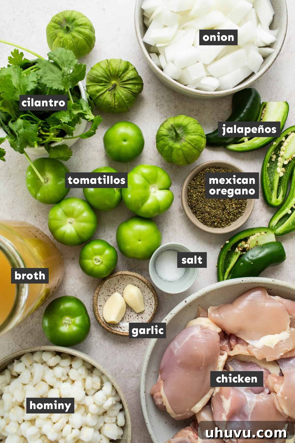 Vibrant Green Pozole 3 All pozole verde ingredients laid out on a table ready to use.