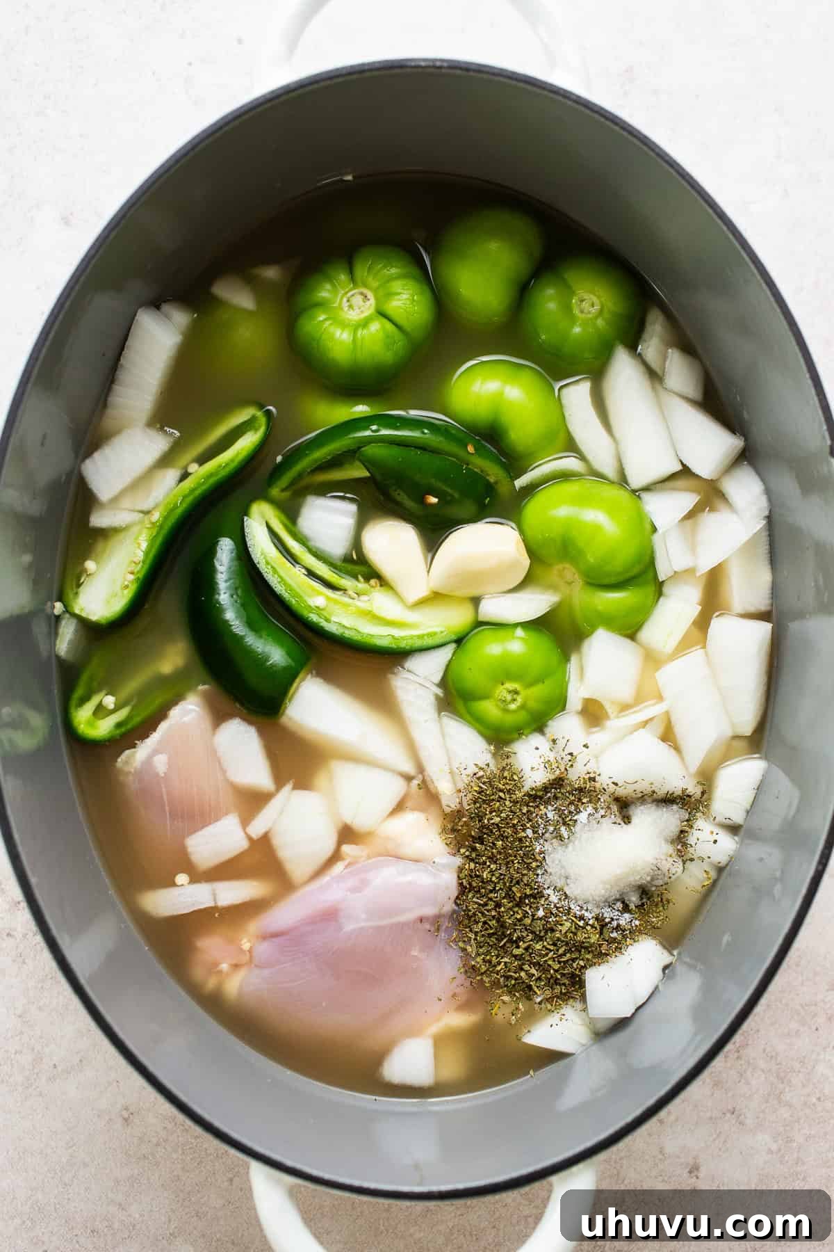 Vibrant Green Pozole 4 A large Dutch oven filled with ingredients for pozole verde is ready to bring to a boil.