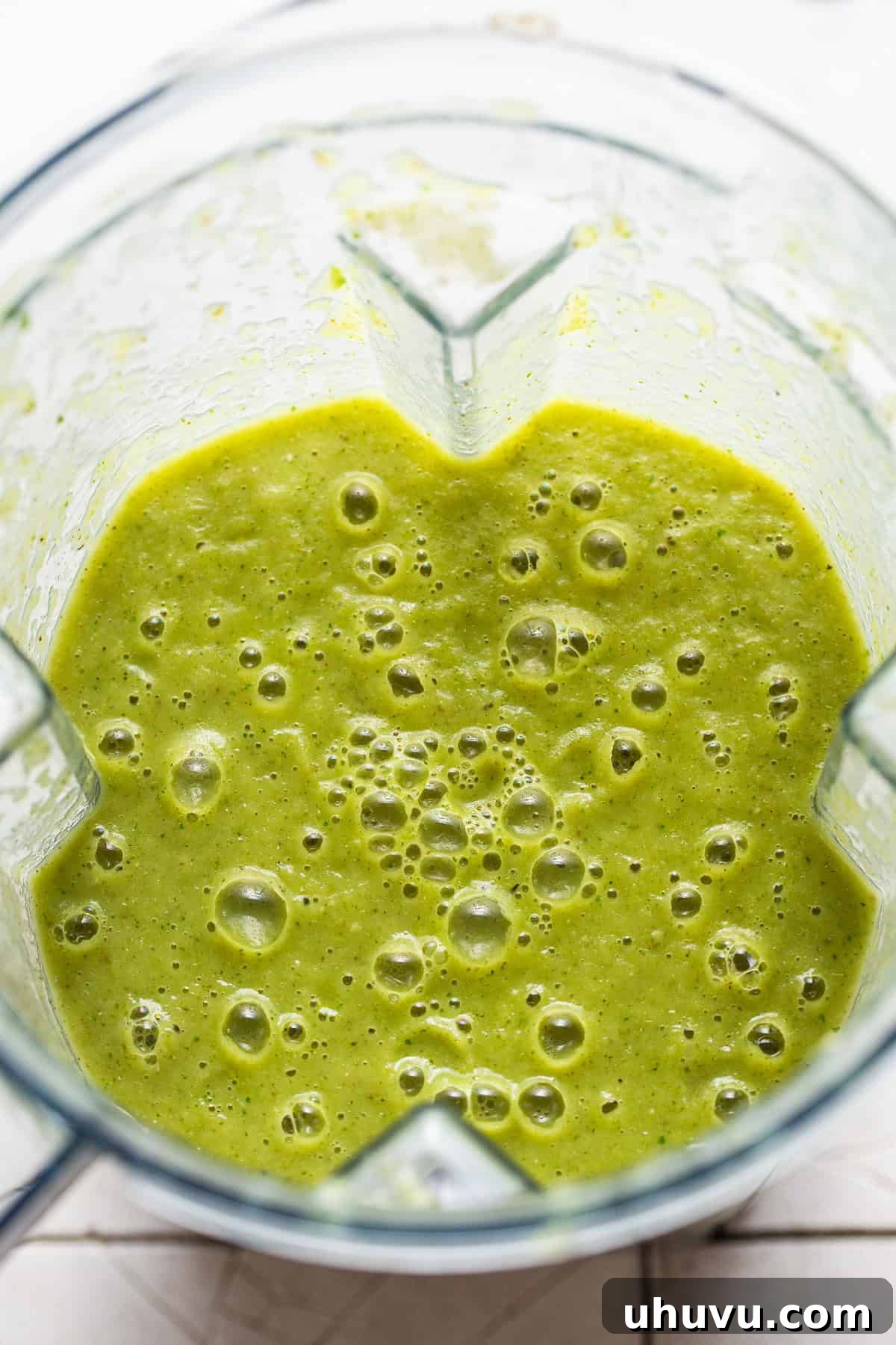 Vibrant Green Pozole 6 The blended verde broth for pozole verde in a blender ready to be used.