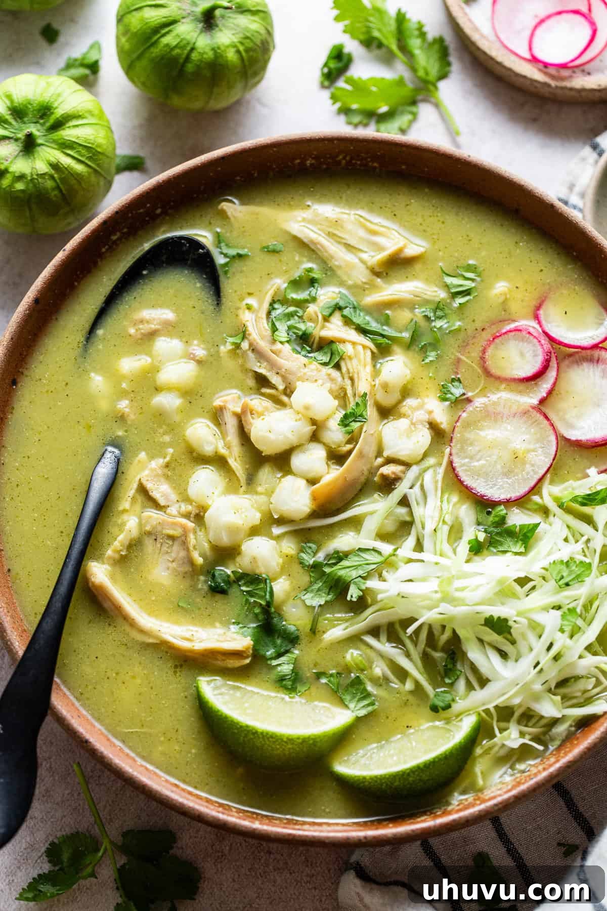 Vibrant Green Pozole 8 Dinner bowl filled with warm pozole verde ready to enjoy.