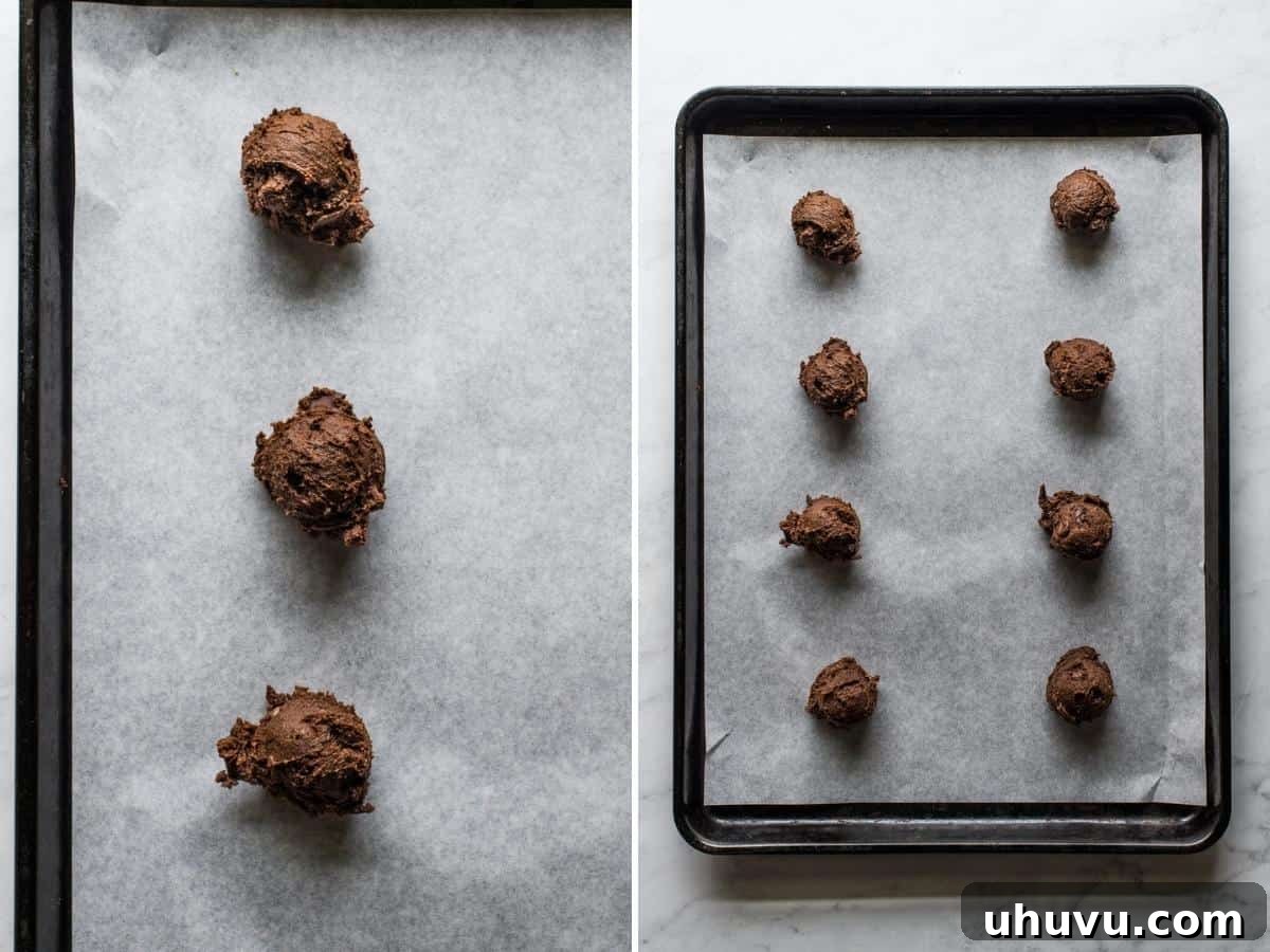 Aztec Chocolate Spice Cookies 4 Mexican hot chocolate cookie dough scooped onto a baking sheet lined with parchment paper.
