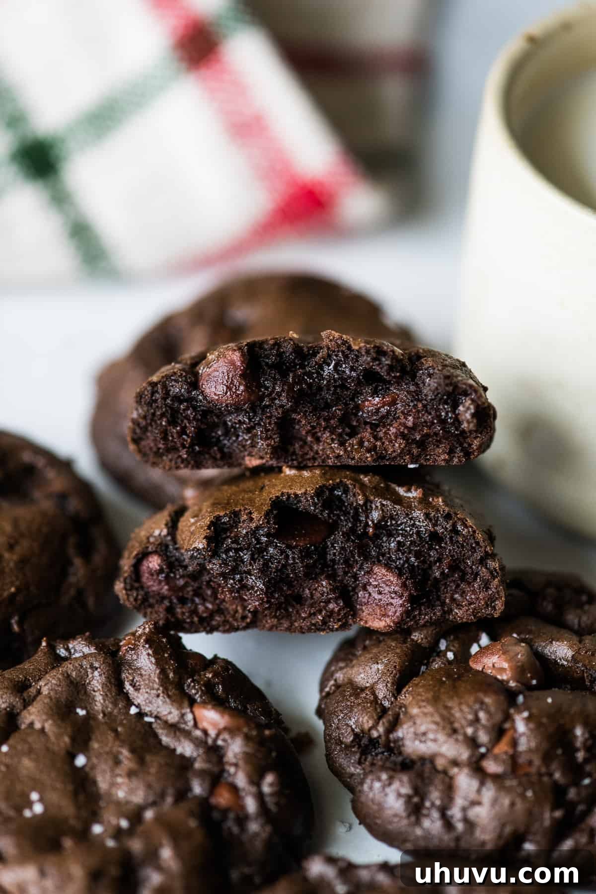 Aztec Chocolate Spice Cookies 5 A Mexican hot chocolate cookie cut down the middle to see the fudgy chocolate inside.