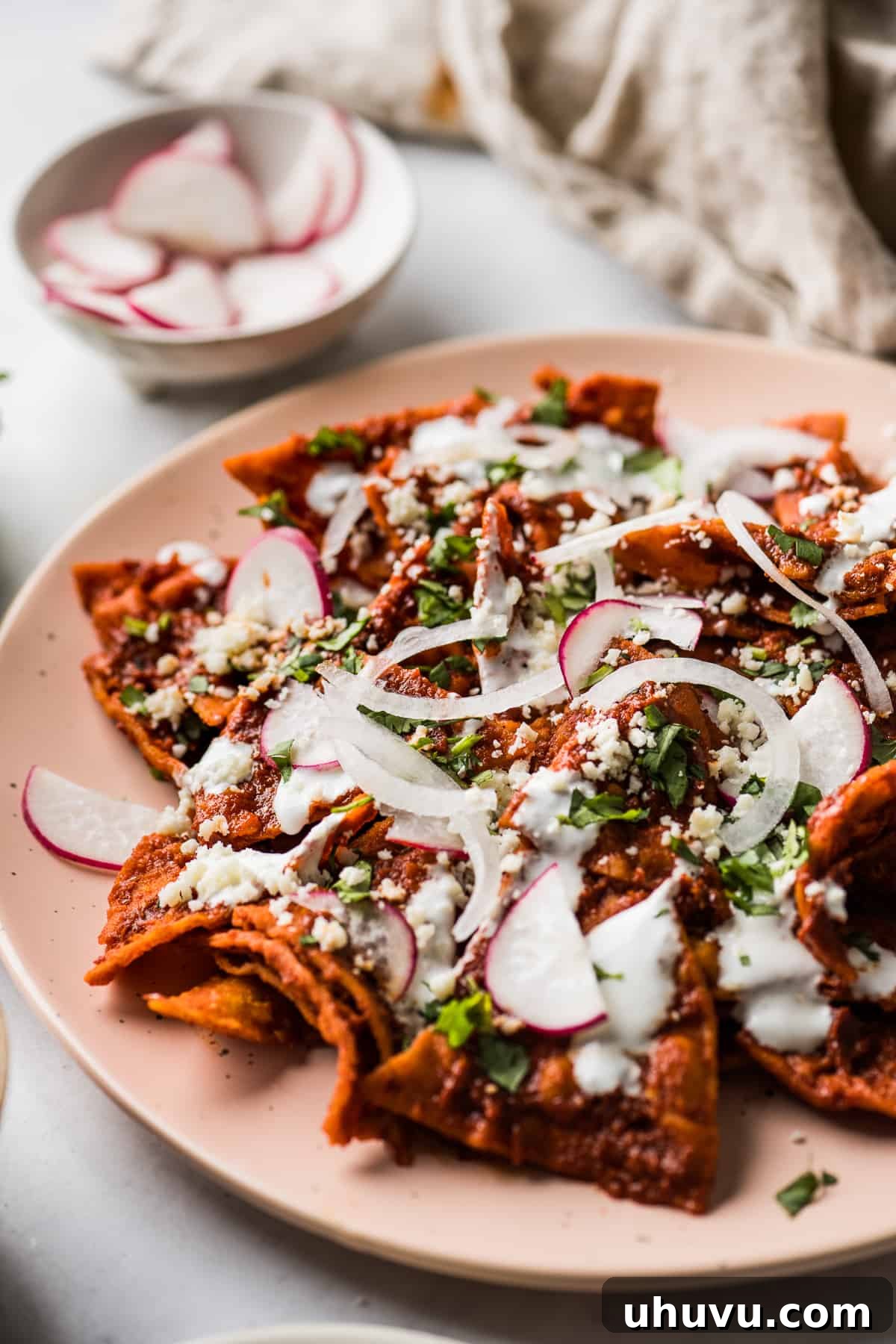 Sunrise Salsa Crunch 11 Chilaquiles on a plate topped with cilantro, onions, radishes, and Mexican crema.