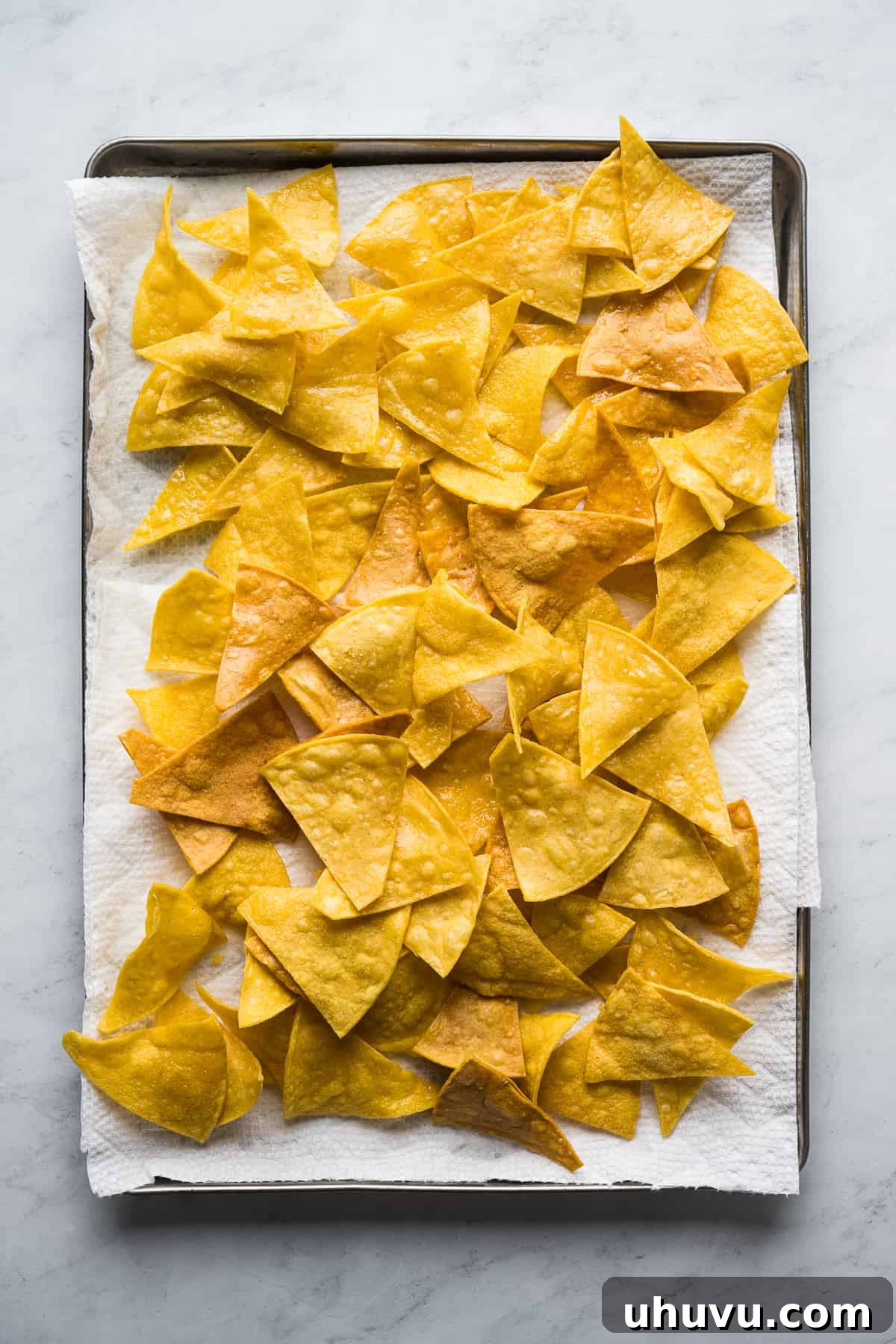 Sunrise Salsa Crunch 9 Freshly fried corn tortilla chips draining on paper towels.