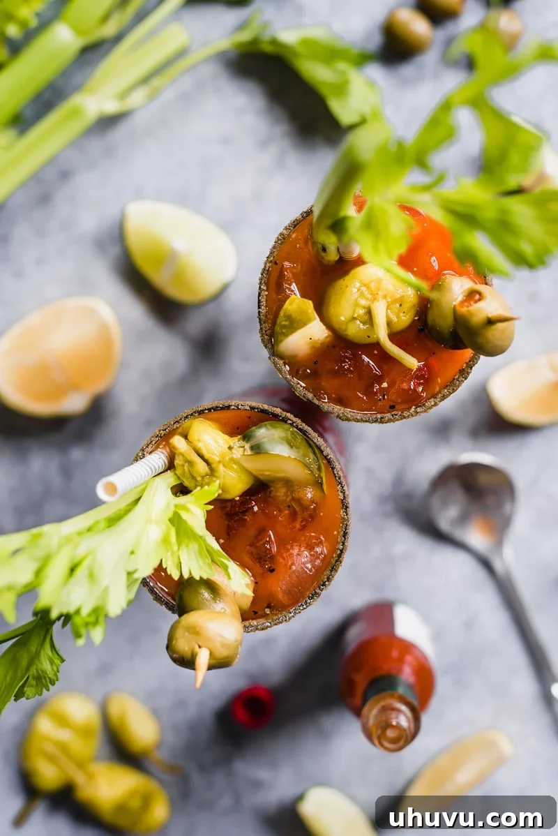 Overhead view of two Bloody Maria cocktails on a grey counter.