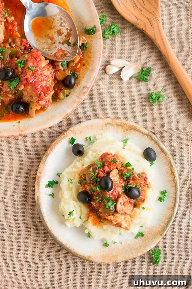 Instant Pot Chicken Cacciatore garnished with fresh herbs