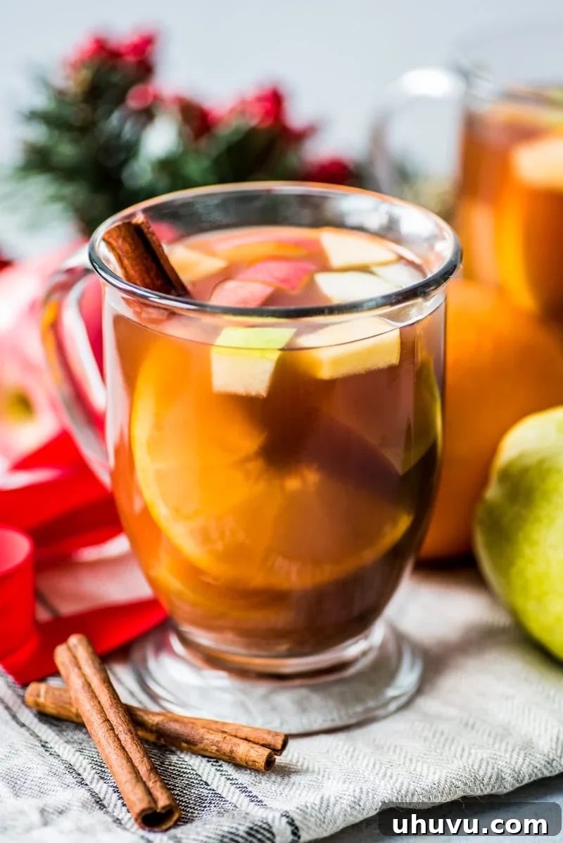 Fruity Mexican Celebration Brew 4 Two mugs of Mexican Ponche, overflowing with cooked fruit, on a rustic wooden table next to a bowl of fresh fruit ingredients like oranges, guavas, and cinnamon sticks.