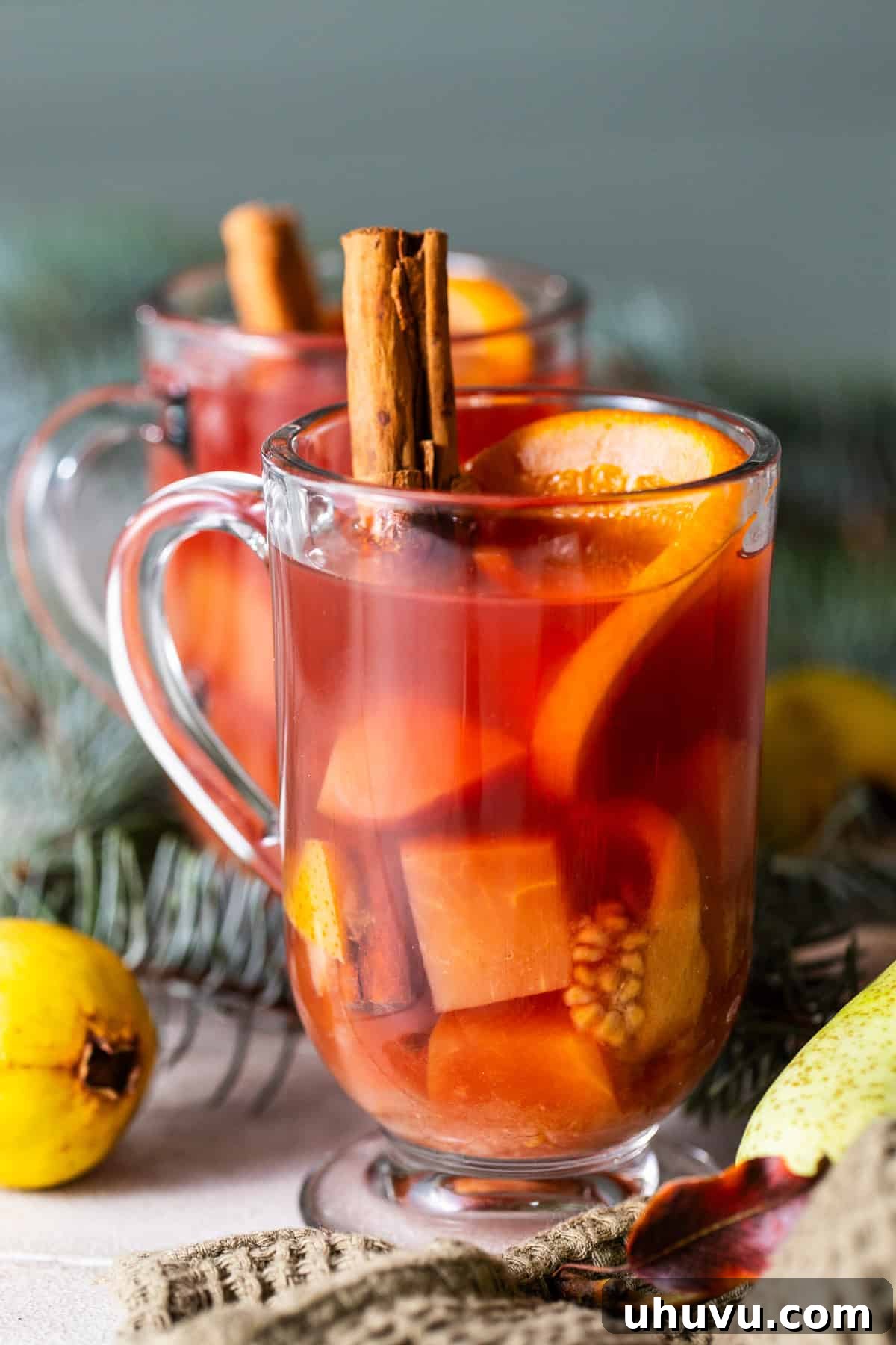 A festive mug of Mexican Ponche, brimming with colorful fruit pieces like apples, pears, oranges, and guavas.