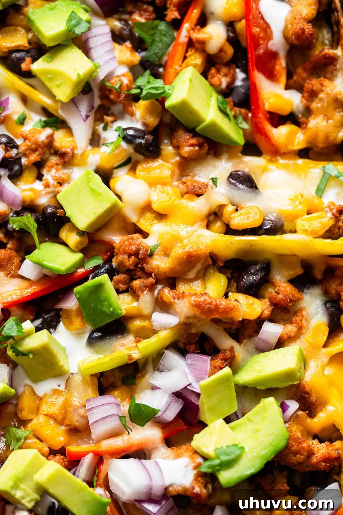 Rainbow Pepper Nachos 9 A tantalizing close-up shot of bell pepper nachos, showcasing the melted cheese, savory filling, and fresh vibrant toppings.