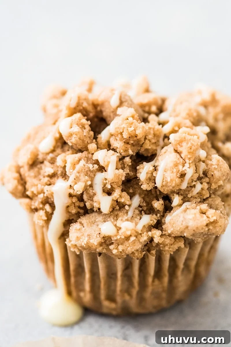 Close-up of cinnamon coffee cake muffin with streusel