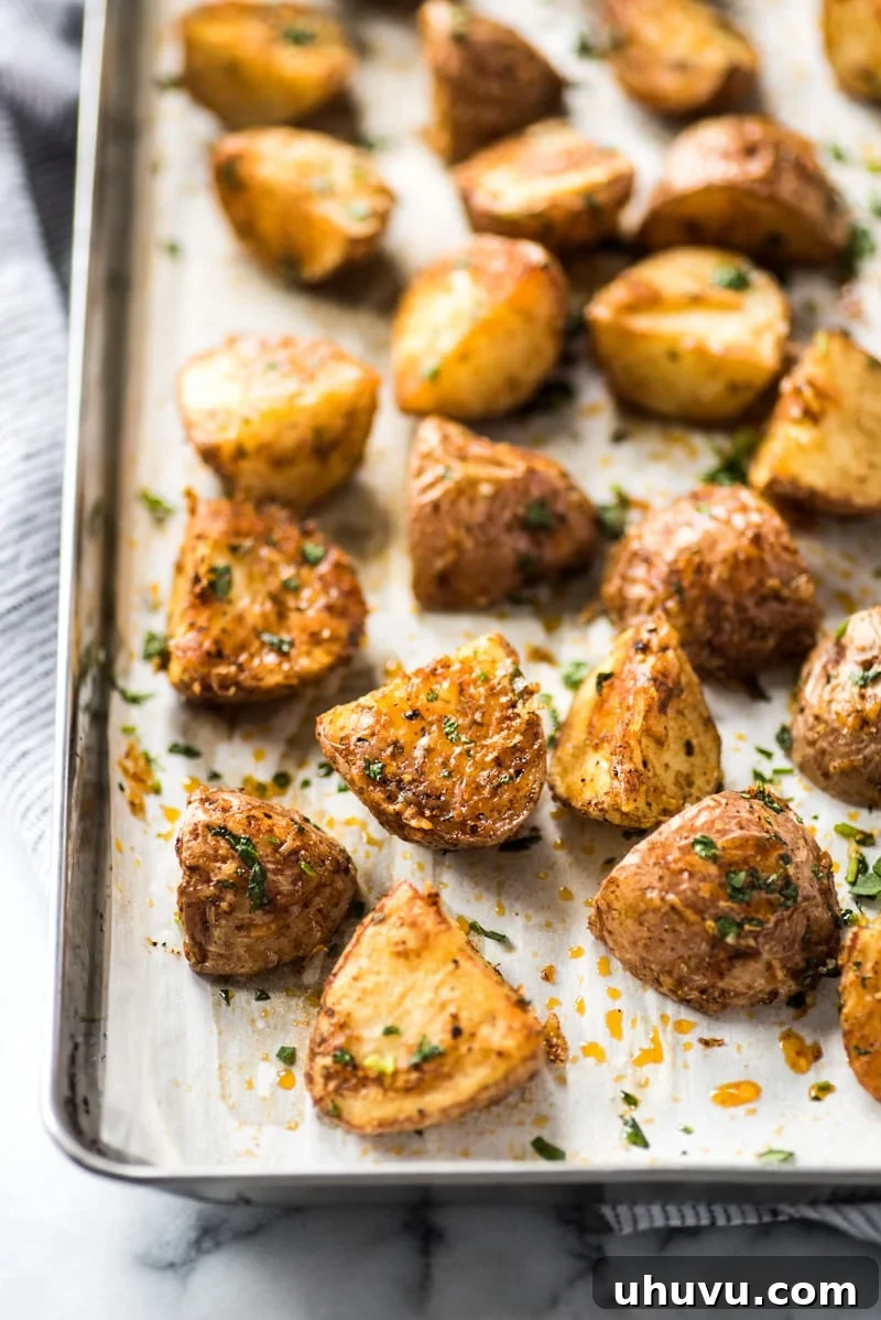 Spicy Mexican Spuds 2 Crispy Mexican potatoes on a baking sheet, garnished with fresh cilantro and a sprinkle of cheese.