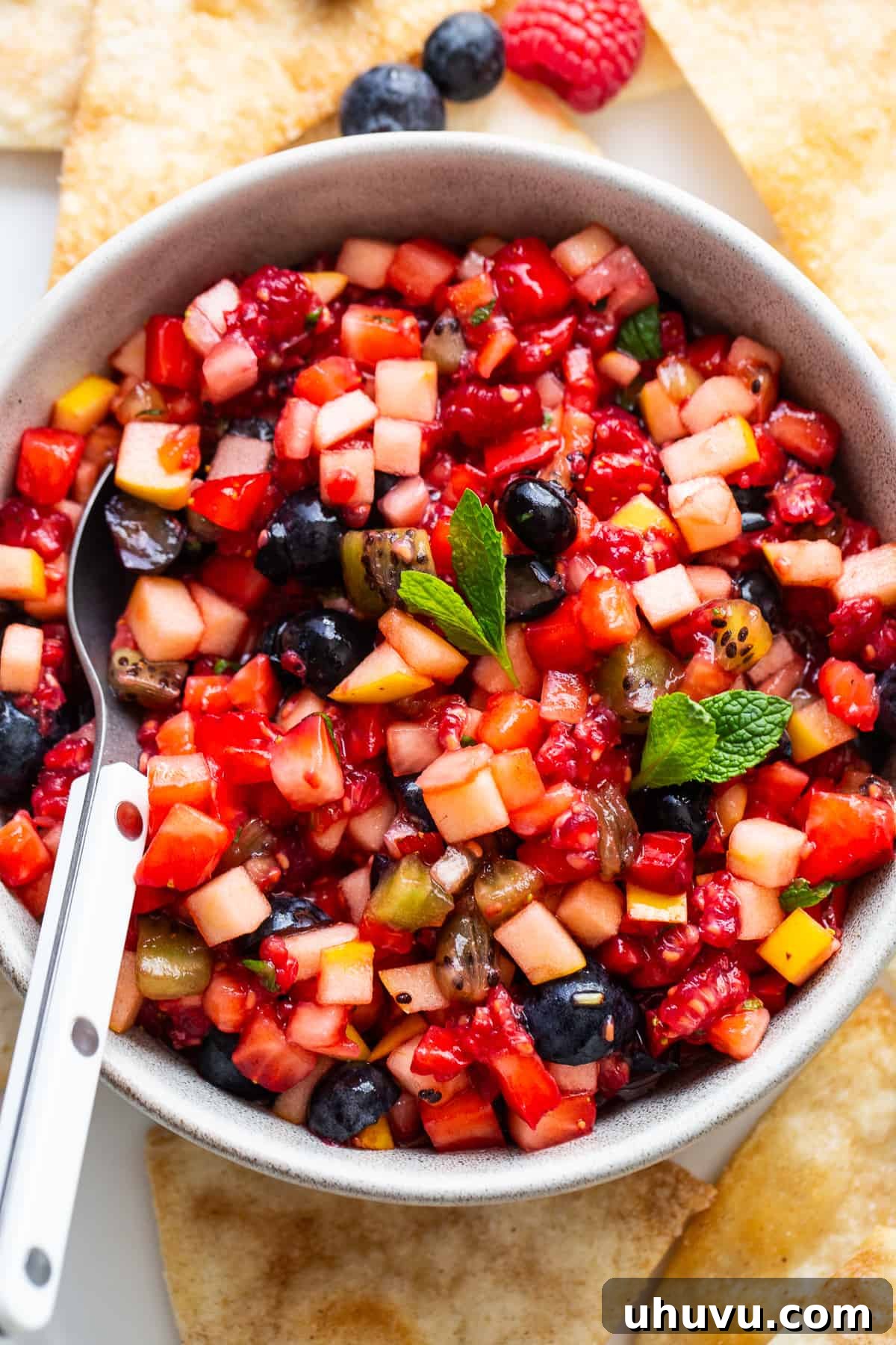 Vibrant Fruit Salsa 2 Fruit salsa in a bowl with a spoon and a mint leaf in the middle.