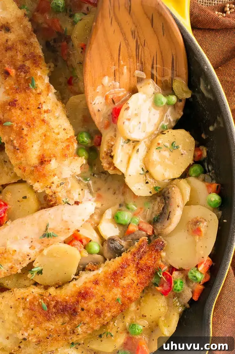 Hearty Homestyle Chicken Skillet 4 Close-up of Skillet Chicken Dinner recipe showcasing tender chicken and vibrant veggies.