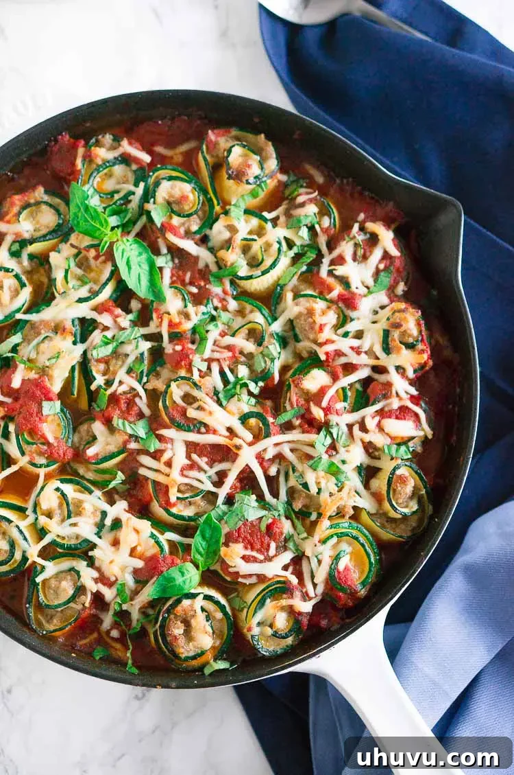Fully baked Zucchini Lasagna Roll-ups, golden brown and bubbly, ready to be served.