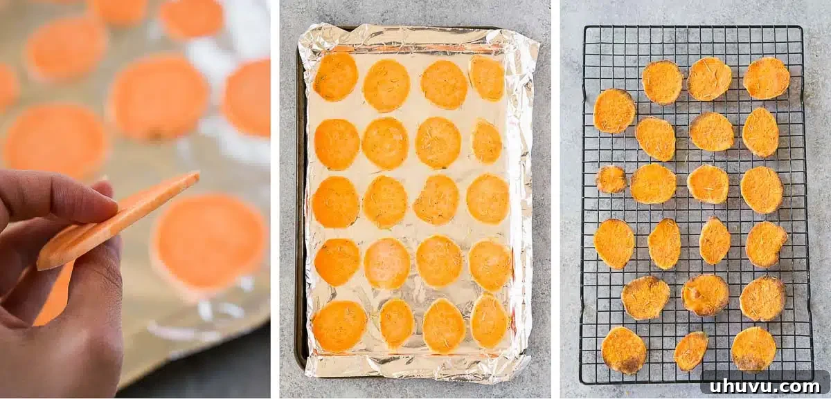 Step-by-step process of making baked sweet potato chips