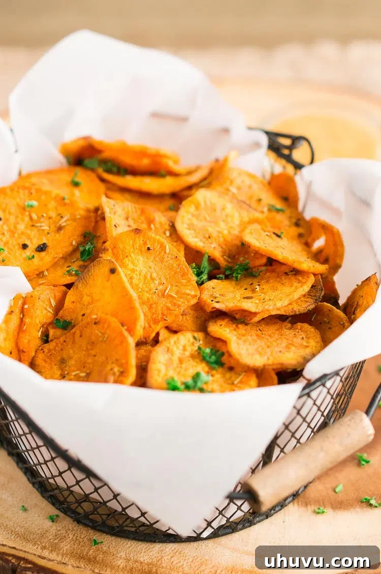 Baked Sweet Potato Chips in a wire basket