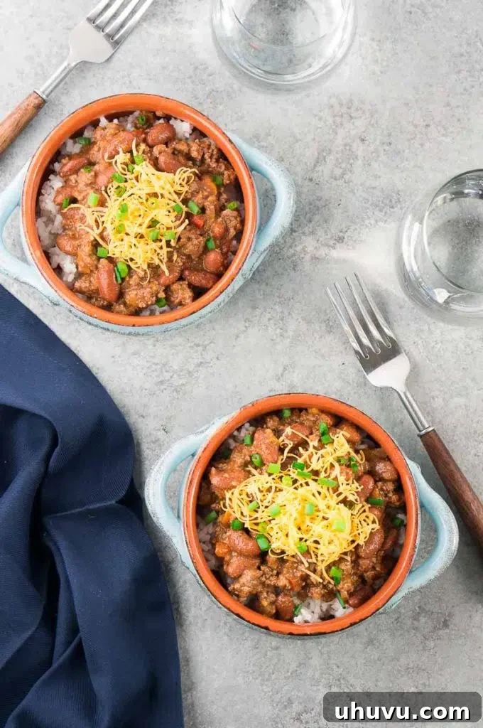 Ultimate Chili Recipe 6 two bowls with bean chili over rice