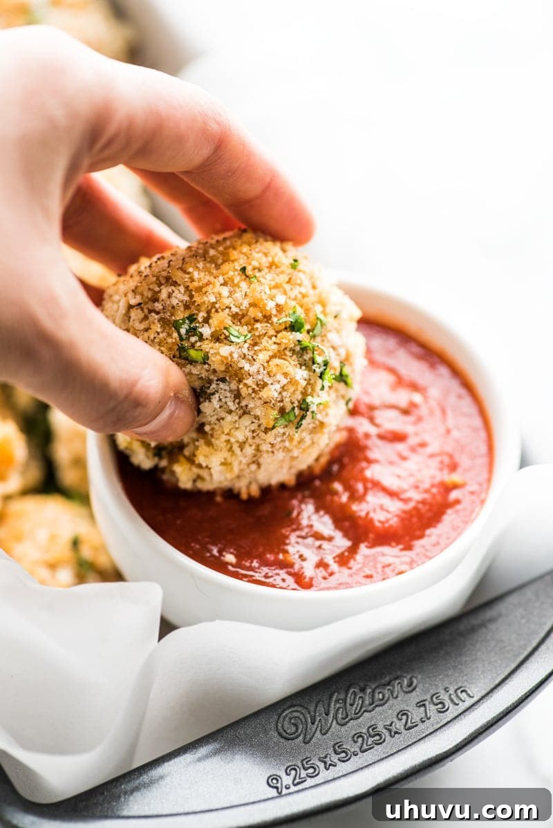 Zesty Fiesta Rice Bites 12 Beautifully baked Mexican arancini rice balls, revealing a melted mozzarella center, served with a vibrant spicy marinara dipping sauce.
