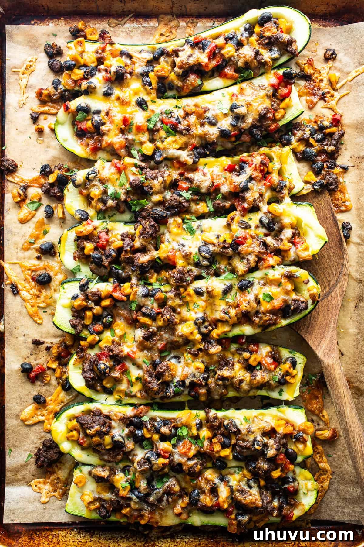 Savory Zucchini Delights 7 Mexican stuffed zucchini boats baked and ready to serve.