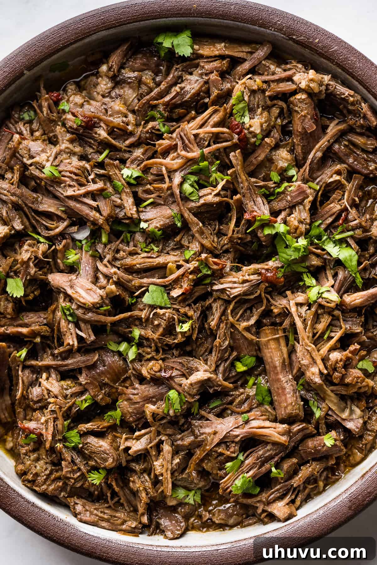 Melt-in-Your-Mouth Barbacoa 2 Shredded barbacoa beef in a serving bowl ready to eat, garnished with cilantro.