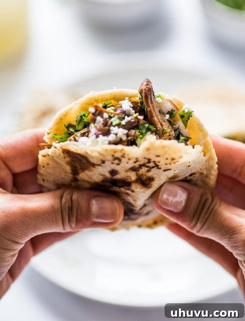 Homemade Gorditas: Authentic Mexican Stuffed Corn Cakes 2 A hand holding a gordita stuffed with shredded beef, cheese and cilantro.