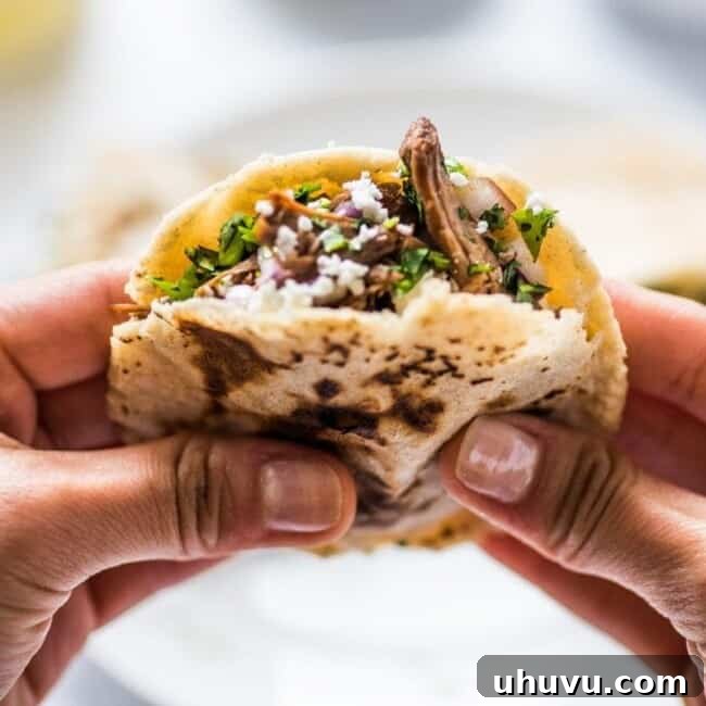 Homemade Gorditas: Authentic Mexican Stuffed Corn Cakes 14 Two hands hold a gordita stuffed with meat and cheese.