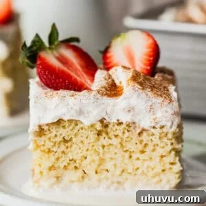 A slice of tres leches cake on a plate.