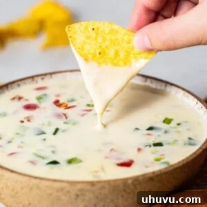 A bowl of queso blanco with a tortilla chip being dipped into it.