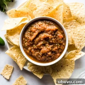Roasted tomato salsa in a bowl surrounded by tortilla chips.
