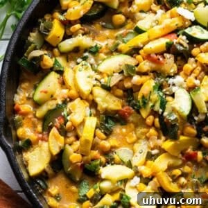 The best calabacitas recipe in a skillet with a light cheese sauce.