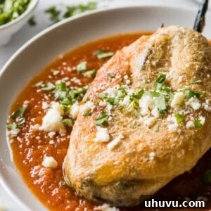 A chile relleno on top of a red tomato sauce on a plate.