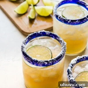 A classic margarita recipe in an iced glass garnished with fresh lime and a salted rim.