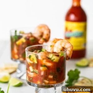 Coctel de Camaron (Mexican Shrimp Cocktail) in a cocktail glass ready to be served.